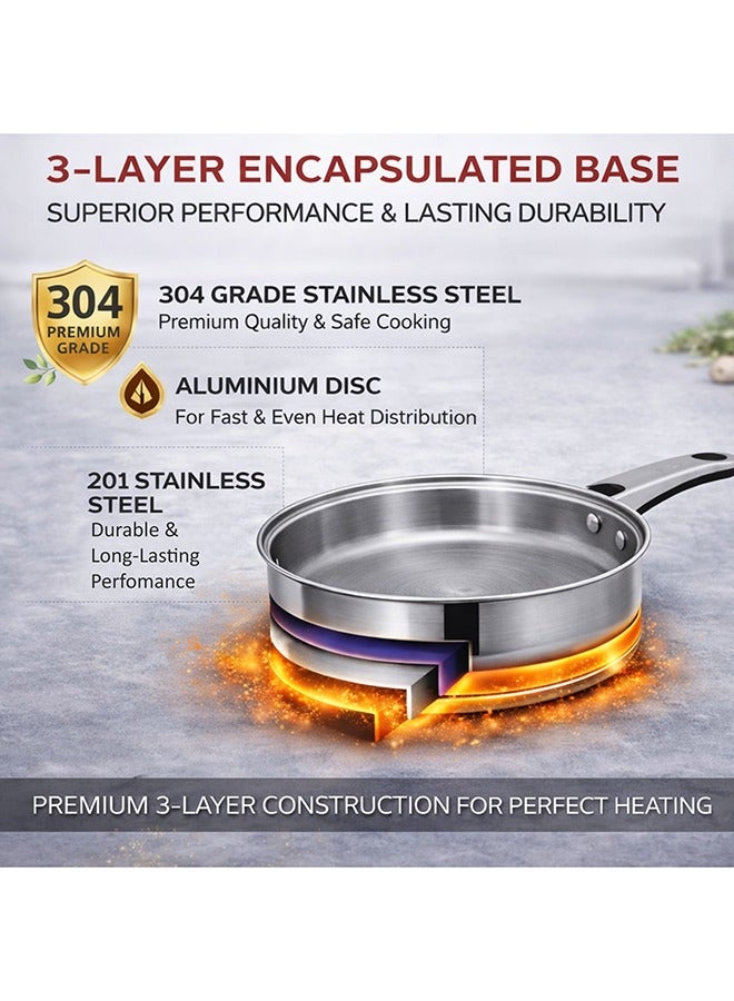 SONEX مقلاة سونكس الفاخرة 22 سم (2 لتر) – ستانلس ستيل، غطاء زجاجي، مقبض مريح بارد، قاعدة ساندويتش، تصميم متين، آمنة في غسالة الصحون، مقلاة للقلي، متوافقة مع جميع أنواع المواقد - Image 4